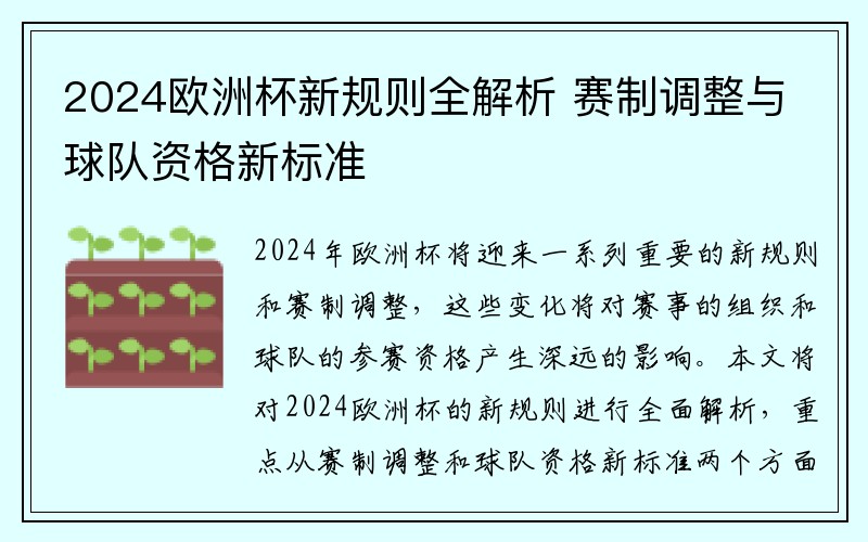 2024欧洲杯新规则全解析 赛制调整与球队资格新标准