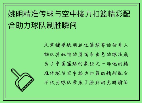 姚明精准传球与空中接力扣篮精彩配合助力球队制胜瞬间